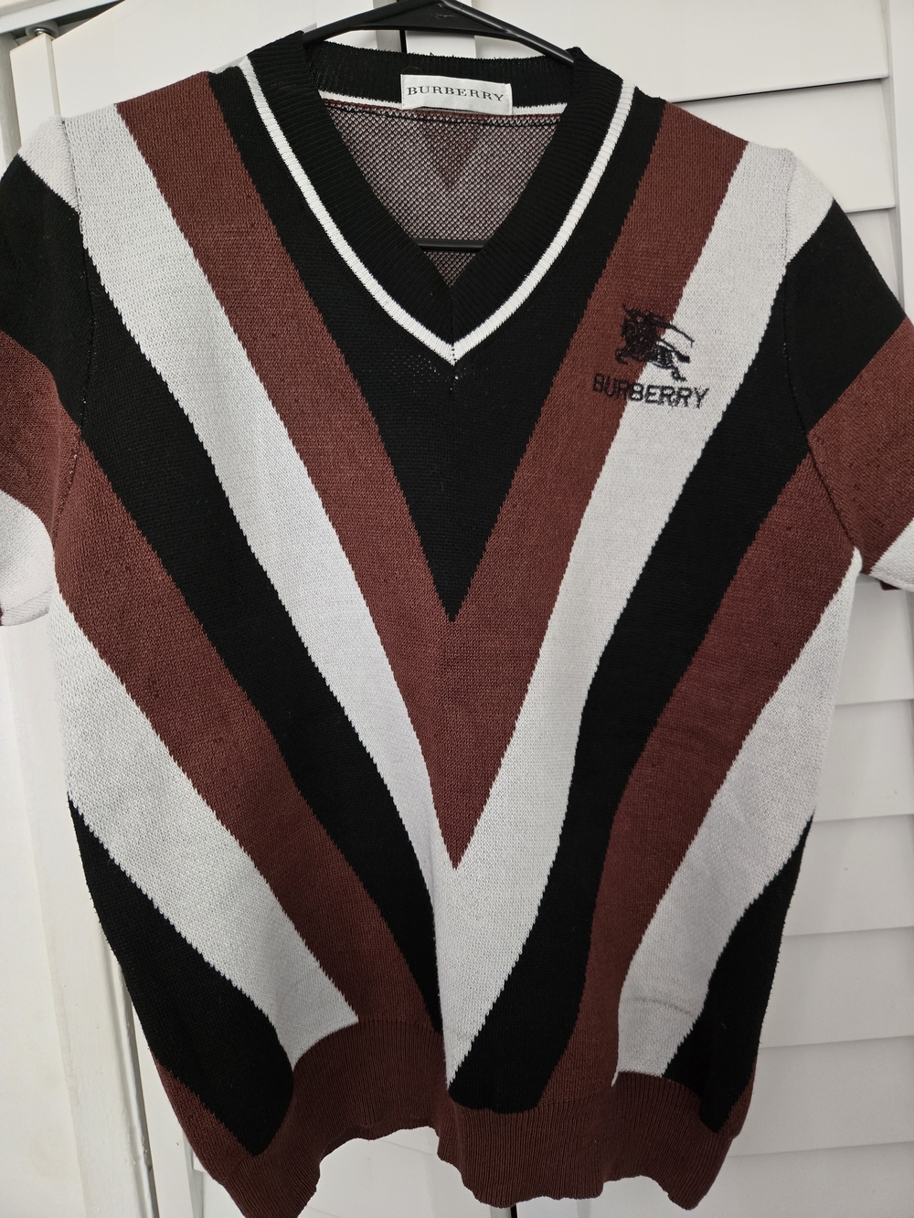 Burberry V-Neck Striped Sweater — Black, Brown, White